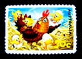 A stamp printed in Australia shows an image of Cute brown hen cartoon with chicken on value at 50 cent.